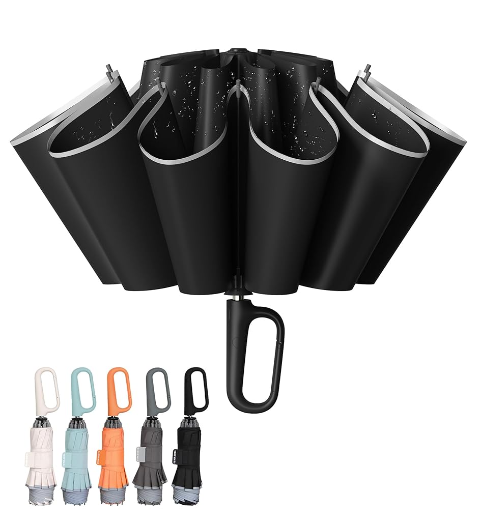 PALAY® 50'' Large Umbrella with Reflective Strip, Auto 3-Fold Compact Travel Umbrella, Carabiner Handle, Reinforced 10 Dual Ribs, Sun Protection 99% UV & Rain & Windproof for Men Women (Black) PALAY® 50'' Large Umbrella with Reflective Strip, Auto 3-Fold Compact Travel Umbrella, Carabiner Handle, Reinforced 10 Dual Ribs, Sun Protection 99% UV & Rain & Windproof for Men Women (Black)